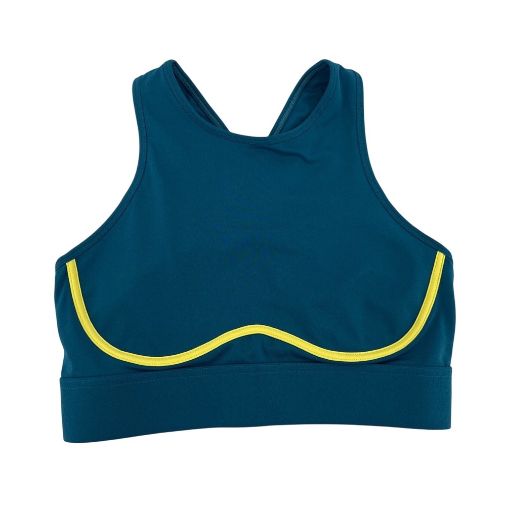 Fabletics Medium Teal Blue Yellow Trim Cross Back Sports Bra